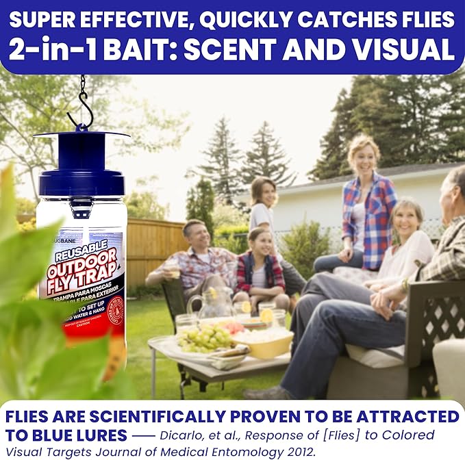 Fly Traps Outdoor Fly Trap for Patio with 2 Non-Toxic Dissolvable Bait Refills. Reusable Hanging Bug Catcher Killer for All Filth Flies for Outside Bug Control Yard Ranch. Hanging Chains Included