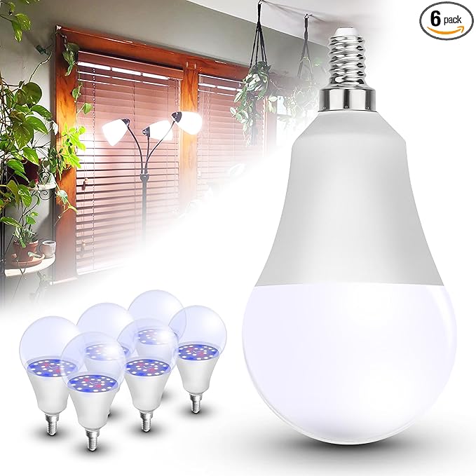 Grow LED Light Bulbs Full Spectrum, E12 12W Small Candelabra Sun Plant Bulbs 100w Equivalent, Balanced Spectrum 5000K Blue Red for Flowers,Seed Starting,Indoor Growing,6Pcs