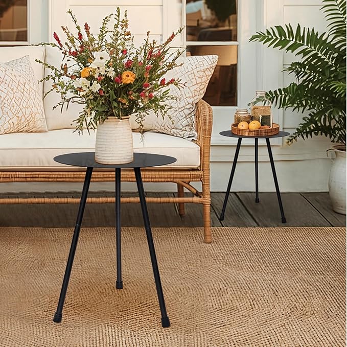 Metal Outdoor Side Table, Adjustable Height Round Side Table Weather-Resistant, Black Bistro Camping Tent Beach Table, End Table for Small Spaces, Balcony, Patio, Camping, Garden, Indoor, 12.2"