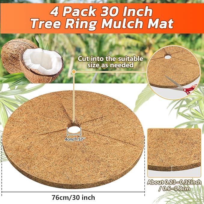 Legigo 4pcs Coconut Fiber Mulch Ring Tree Plant Protector Mat, 30 Inch Natural Coco Coir Tree Protection Ring Plant Pot Soil Cover, Tree Rings Disc Plant Cover for Indoor Outdoor Plants,Landscaping