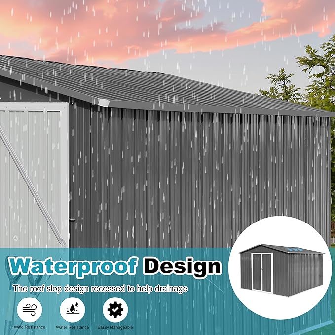 10x12 FT Outdoor Storage Shed, Metal Tool Shed with Lockable Doors & Peaked Roof, Garden Shed with Vented Design for Backyard Garden Patio Lawn, Gray