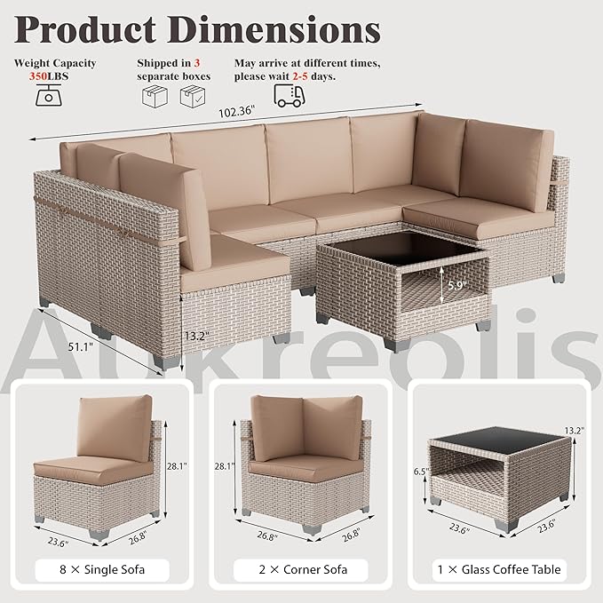11 Pieces Patio Furniture Set, Outdoor Sectional Wicker Sofa with Thick Cushions and Storage Coffee Table, Rattan Patio Conversation Sets for Deck Garden Poolside, Khaki