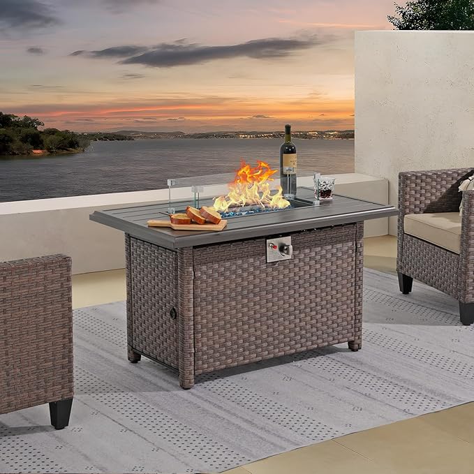 SUNSITT Outdoor Fire Pit Table 43 Inch Wicker Propane Fire Pit with Aluminum Tabletop 50,000 BTU Gas Firepit with Glass Wind Guard, Fire Glass, Lid, Cover, Brown Rattan