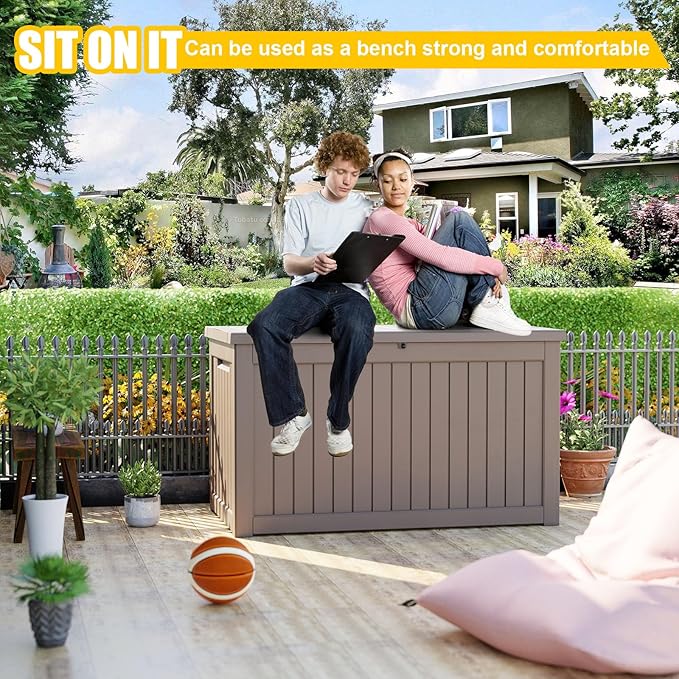 230 Gallon Large Deck Box,Resin Outdoor Storage Box with Lockable for Patio Furniture, Pool Accessories, Garden Tools Waterproof Outside Storage Box, Grey