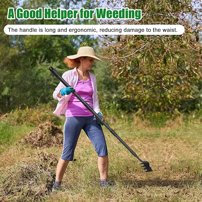 Weed Puller Tool, Garden Weeding Rake Tools with Detachable Long Handle, 56 inch Weed Remover Gardening Hand Tool for Lawn, Yard, atio and Backyard (4 Tines)