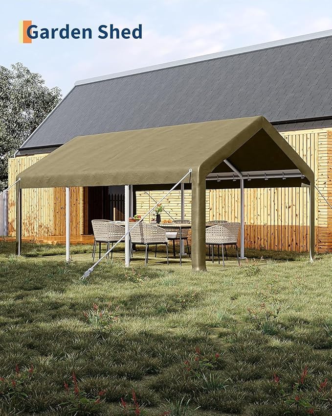 10X20Ft Waterproof Carport Canopy with Roll-Up Mesh Windows & Double Zipper Doors, 180g PE Tarp Cover for Cars, Trucks, SUVs, RVs, Boats & Outdoor Equipment Storage, Khaki