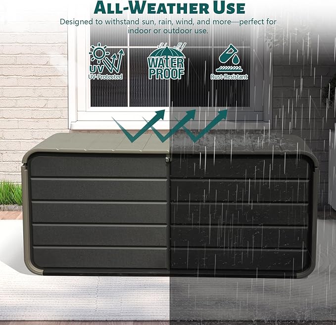 Domi 160 Gallon Outdoor Storage Box – Waterproof, UV-Resistant Deck Box with Lockable Lid for Patio Furniture, Garden Tools, Delivery Packages (Large Resin Storage Bin)