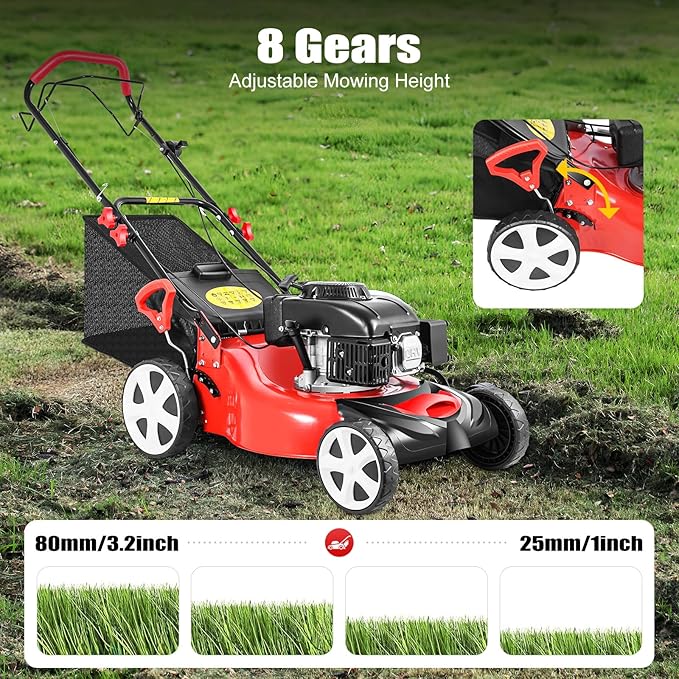 Self-Propelled Gas Lawn Mower, 20-Inch Mowing Width, 140CC 4-Stroke 5HP Engine, Adjustable Height with 8 Gears, Large Grass Bag 15.9Gal