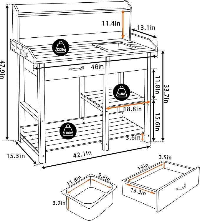 BlueWish Potting Bench, Potting Benches for Outside with Fir Wood Frame, Removable Sink, Three Hooks, Potting Table for All Weather
