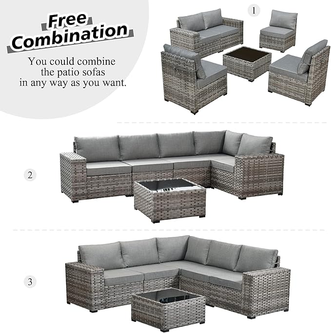 HOOOWOOO 9 Piece Modular Patio Outdoor Sectional Furniture Set with Gas Propane Fire Pit Table,Wicker Conversation Sofa Set with Swivel Chairs,Outside Couch Set(Dark Grey)