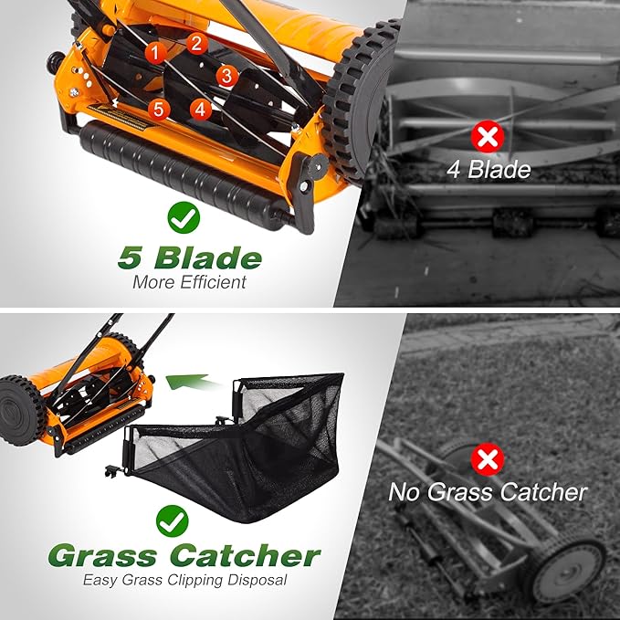 Walensee 14-Inch 5-Blade Push Reel Lawn Mower, Cordless Manual Reel Lawn Mower Walk-Behind Steel Lawn Mowers with Removable 6.7-Gallon Grass Catcher, Sponge Grip, 4-Position Cutting Height Adjustment