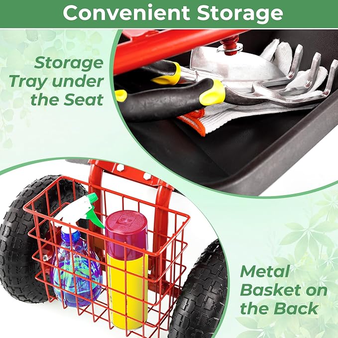 S AFSTAR Rolling Garden Cart, Wagon Scooter with 360° Swivel Seat, Storage Tray, Basket & Rubber Wheels, Heavy-Duty Gardening Tool Cart for Weeding, Patio & Yard (Red)