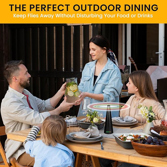 BUGGOFF Black Fly & Flying Insect Repellent Fan with Twin Blades, Table top & Hangable, Battery Powered or 5V Plug in, Batteries NOT Included. Safe Blades with Auto Stop. (1 Pack)