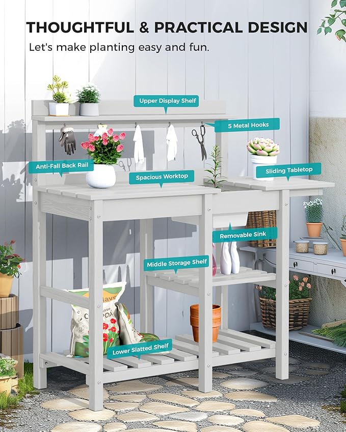 SERWALL Potting Bench Outdoor Potting Table with Sink, HDPE Potting Benches for Outside Gardening Table All Weather Use- Spanish Gray