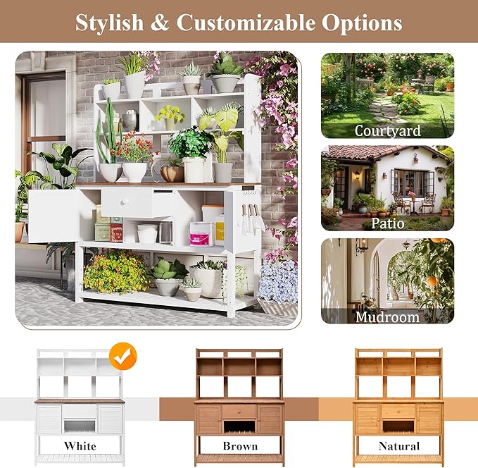 Outdoor Wooden Potting Bench Table β Farmhouse Garden Workstation with Drawers, Cabinet & Storage Shelves, Large Fir Wood Work Table for Patio, Backyard, Mudroom, Greenhouse (White & Brown, 66'' H)