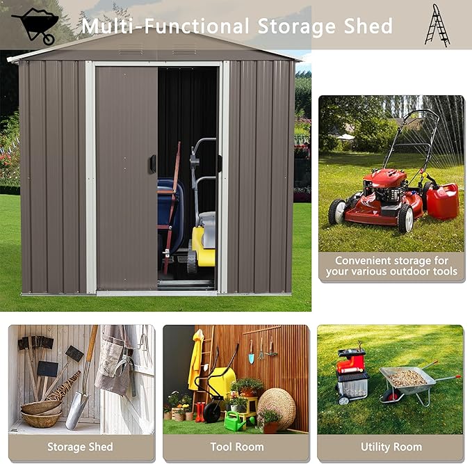 6x5 FT Outdoor Storage Shed, Metal Garden Shed with Frame Floor, Outside Tool Shed with Window, Waterproof Storage Building with Lockable Sliding Doors & Sloped Roof for Backyard, Patio, Warm Gray