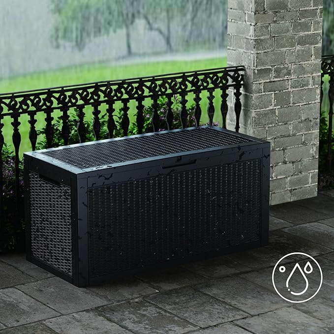 100GAL Black Wicker - Textured Outdoor Deck Box with Lockable – Waterproof, SGS - Verified UV Resistance, Stylish Storage for Patio Furniture & Outdoor Toys, Quick Assembly