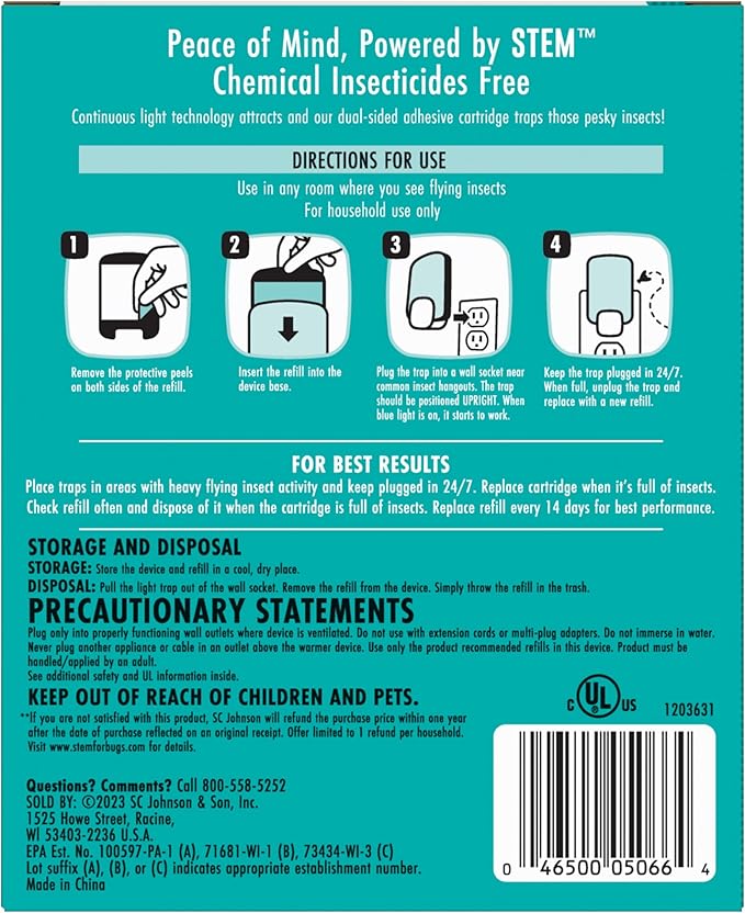 STEM Light Trap: Indoor Fruit Fly Trap, Effective Insect Control for Home, Attracts and Traps Flying Insects, Emits Soft Blue Light, Starter Kit with 1 Plug-in Device and 3 Cartridges