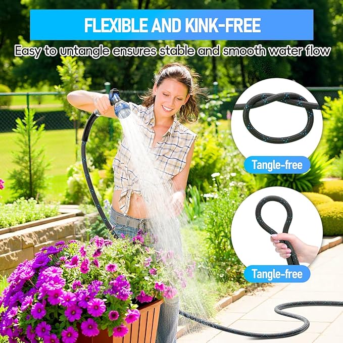 Garden Hose 100ft, 3-Layer Flexible Water Hose with 8 Pattern Spray Nozzle, Non-Expanding & Lightweight Stainless Steel Hose for Yard, Lawn, Outdoor-Leak Proof, No-kink & Tangle-free