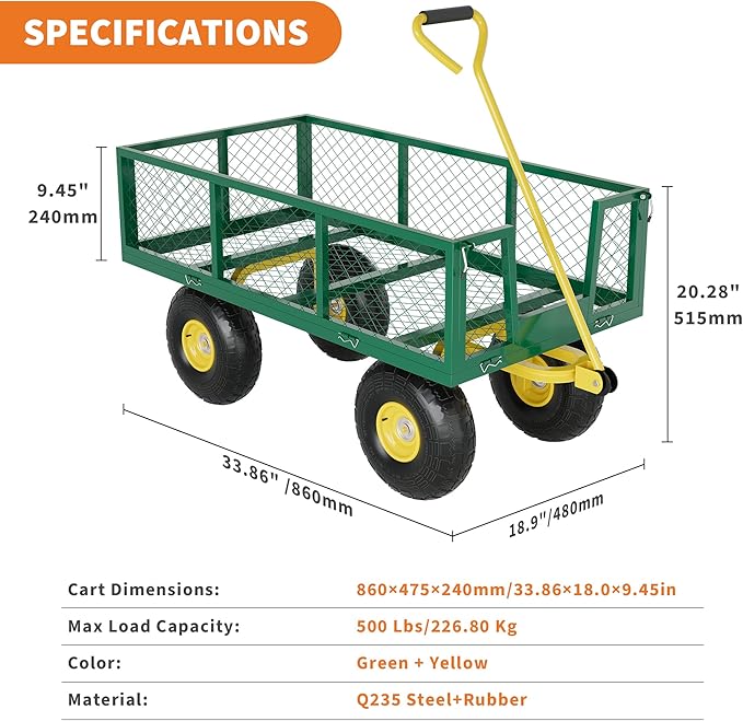 500 Lbs Garden Wagon, 2-in-1 Heavy-Duty Steel Garden Cart, with 10 Inch All-Terrain Tires and Removable Mesh Side Panels, 180° Rotating Handle, Metal Multi-Function Carts, Outdoor Gardens Wagon Cart