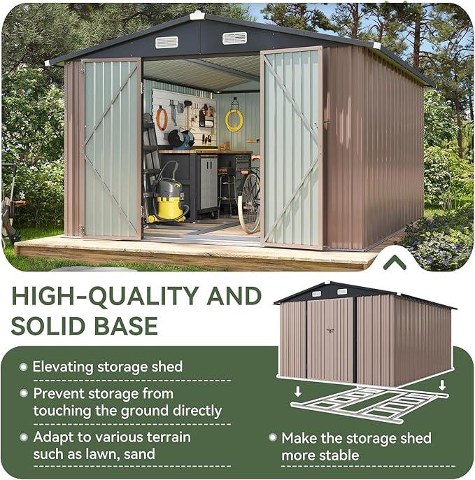 Aoxun 10 x 12FT Outdoor Storage Shed with Base Utility Garden Shed with Lockable Door & Sloped Roof Metal Sheds Outdoor Storage for Garden, Backyard, Patio and Backyard,(Brown/Base Included)