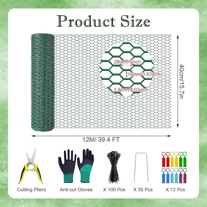 39.4ft x16In Plant Protectors from Animals, Plant Cages for Outdoor Plants, Wire Plant Protector Cage,Chicken Wire Cloche with Gloves, Plier, Ground Stakes & Nylon Ties Protect Plants from Animals 