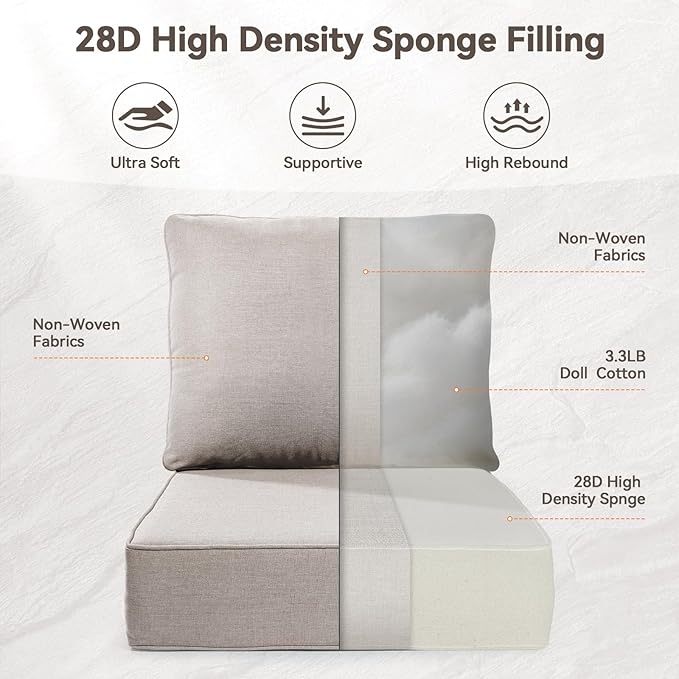 Luxury 6" Outdoor Cushions for Patio Furniture, 24x24x6 Thick Seat Cushion Set of 3, Fade Resistant Couch Chair Replacement Cushions High Density Deep Wicker Chair Cushion w/Removable Cover, Beige