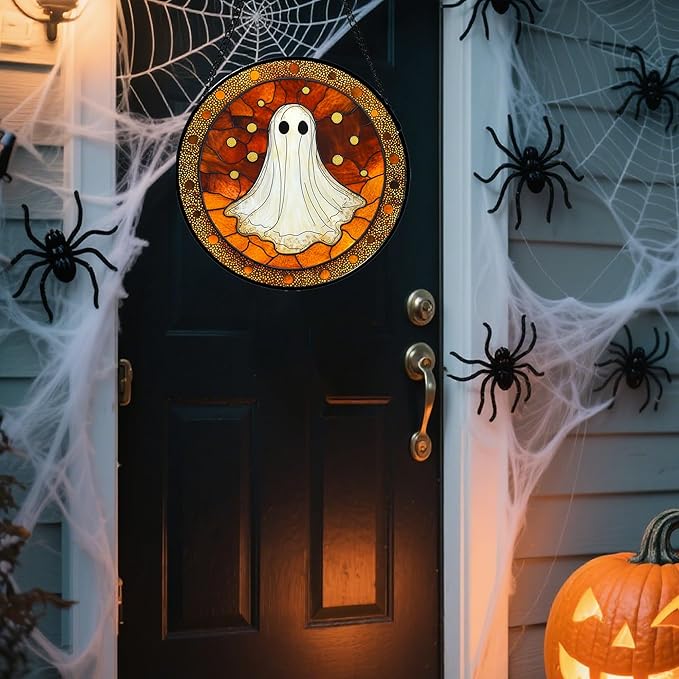 Stained Glass Window Hanging - Halloween Decorations White Ghost Suncatcher for Doors Garden Indoor Spooky Funny Orange Sun Catchers Gothic Decor Horror Gifts for Women Men Friend 6.3 in