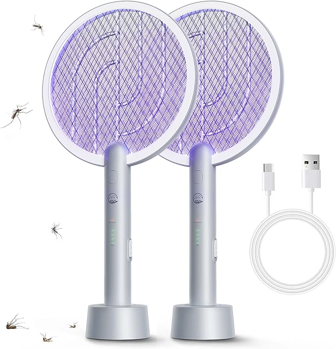 Electric Fly Swatter Racket, 2 in 1 Bug Zapper with USB Rechargeable Base, 4000 Volt Mosquito Killer with 3-Layer Safety Mesh for Pest Insect Control for Indoor、Office、Backyard、Camping(Gray-2 Pack)