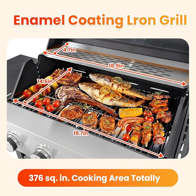 3-Burner Propane Gas BBQ Grill with Side Burner, Porcelain-Enameled Cast Iron Grates and Grills Cover, 40,500 BTU Stainless Steel Grill for Outdoor Camping Barbecue Grilling Backyard Cooking