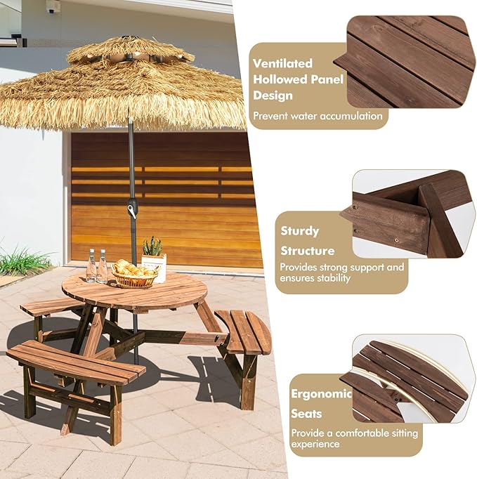 Tangkula 6 Person Wood Picnic Table, Outdoor Round Picnic Table with 3 Built-in Benches, Umbrella Hole, Outside Table and Bench Set for Garden, Backyard, Porch, Patio, 500lbs Capacity Per Bench