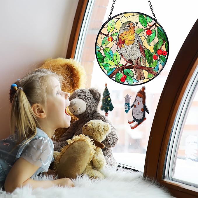 TNUW Bird Stained Glass Window Hanging, Bird Botanical Sun Catchers Indoor Window Glass Round Wall Art Decor, Birds Lover Gifts Wall Hanging Decorations, 7.9"x7.9"