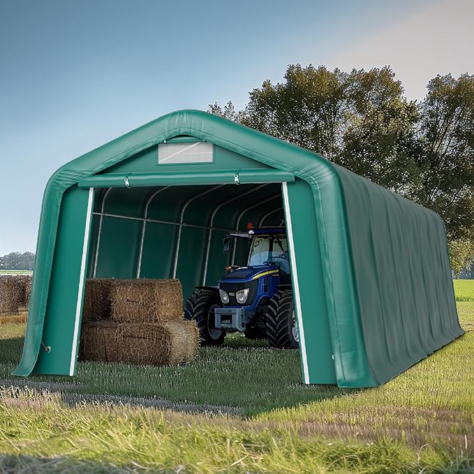 GREEN PARTY 11' x 28' Heavy Duty Carport, Portable Storage Shelter Shed Outdoor Carport with Roll-up Zipper Door & Vents, Storage Car Canopy Car Tent Garage for SUV, Truck and Boat, 200g PE Cover