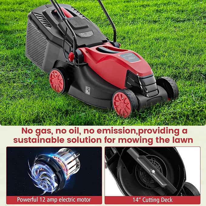 S AFSTAR Electric Corded Lawn Mower, 12-AMP 14-Inch Walk-Behind Lawnmower with Collection Box, 3 Adjustable Height Position, Self Locking Function, Push Lawn Mower for Backyard Patio