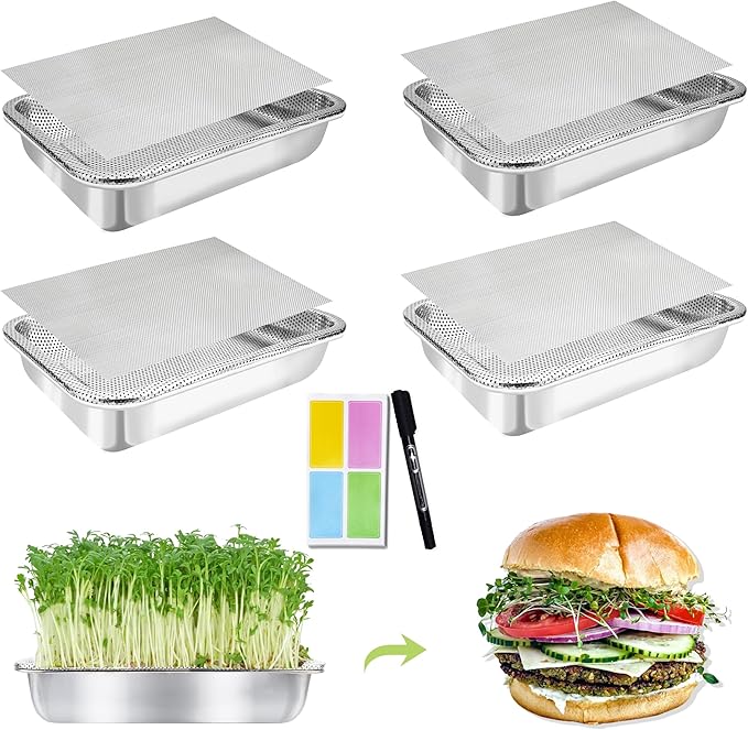 Stainless Steel Sprouts Growing Kit 4-Tier 14 inch Trays, Microgreens Growing Kit, Seed Sprouting Tray with Encrypted Mesh Sprouts for Beans Alfalfa Broccoli Wheat Grass