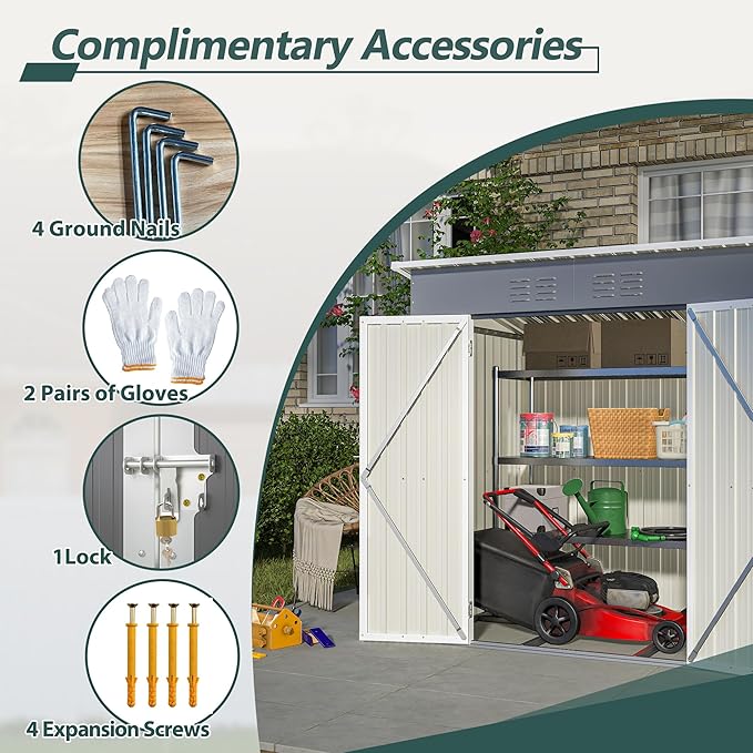 10X8 FT Outdoor Storage Shed, All Weather Metal Sheds with Lockable Doors, Tool Shed for Garden, Patio, Backyard, Lawn (Grey with Floor Frame, 6x4 ft)
