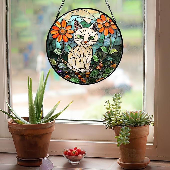Stained Glass Window Hanging - White Cat Green Plants Orange Flowers Sun Catcher for Door Garden Home Decor Suncatcher Christmas Mother's Day Birthday Gifts for Women Men Mom Nana 6.3 in