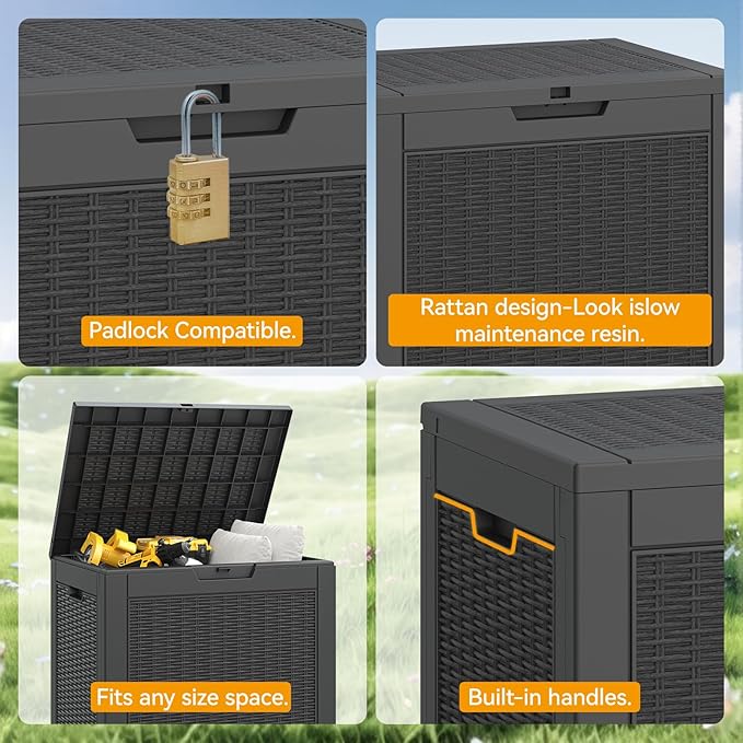 NUNU LAB 30 Gallon Waterproof Outdoor Storage Box, Lockable Resin Deck Box Bench for Patio Cushions, Garden Tools, Pool Accessories & Package Deliveries â Black