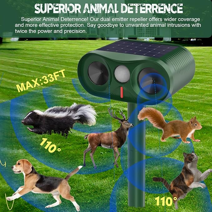 Powerful Cat Repellent Outdoor for Yard & Garden & Farm,Ultrasonic Animal Deterrent with Adjustable Sensitivity,Solar Pest Repellent, Racoon Squirrel Repellent Outdoor to Keep Unwanted Animals Away