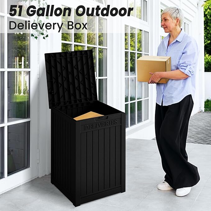 55 Gallon Black Resin Deck Box - Lockable, Waterproof Outdoor Storage for Packages & Patio Essentials - Rustproof Utility Box with Handles for Porches, Pools & Backyards