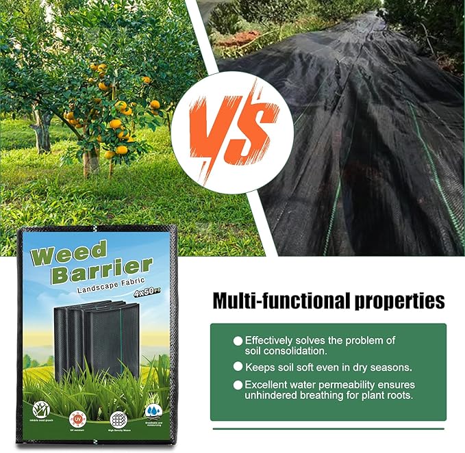 4 x 100FT Garden Weed Barrier Landscape Fabric Heavy Duty Weed Fabric Barrier Premium Garden Ground Cover Weed Control Mat with 30 U-Shaped Securing Pegs for Garden Farming Ground (4 x 50FT 2 Pack)
