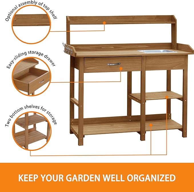 BlueWish Potting Bench, Potting Benches for Outside, Potting Benches & Tables with Drawer, Adjustable Shelf Rack, Removable Sink, Three Hook