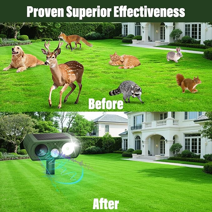 Solar Ultrasonic Animal Repellent, Deer Repellent Devices Waterproof with Motion Detection, Cat Repellent Outdoor Squirrel Skunk Rabbit Dog Raccoon Bird Deterrents Animal Repeller for Yard, 2 Pack