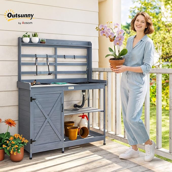 Outsunny Outdoor Wooden Potting Bench Table with Sink and Water Tap, Garden Workstation with Storage Cabinet, Storage Shelves for Backyard, Patio, Balcony, Gray