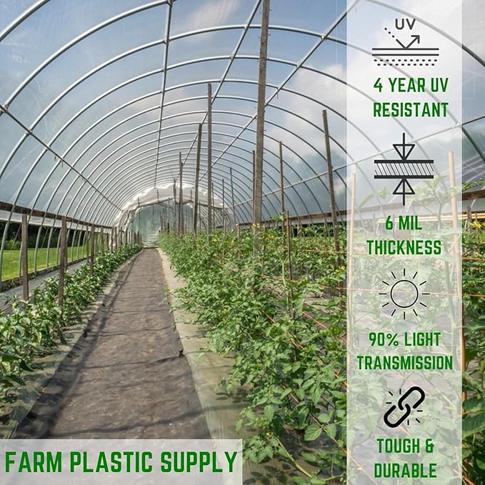 Farm Plastic Supply - 4 Year UV Tube 6 mil Clear Greenhouse Plastic Sheeting - 4 Year UV Resistant Polyethylene Greenhouse Film, Hoop House Green House Cover for Gardening (14' x 60')