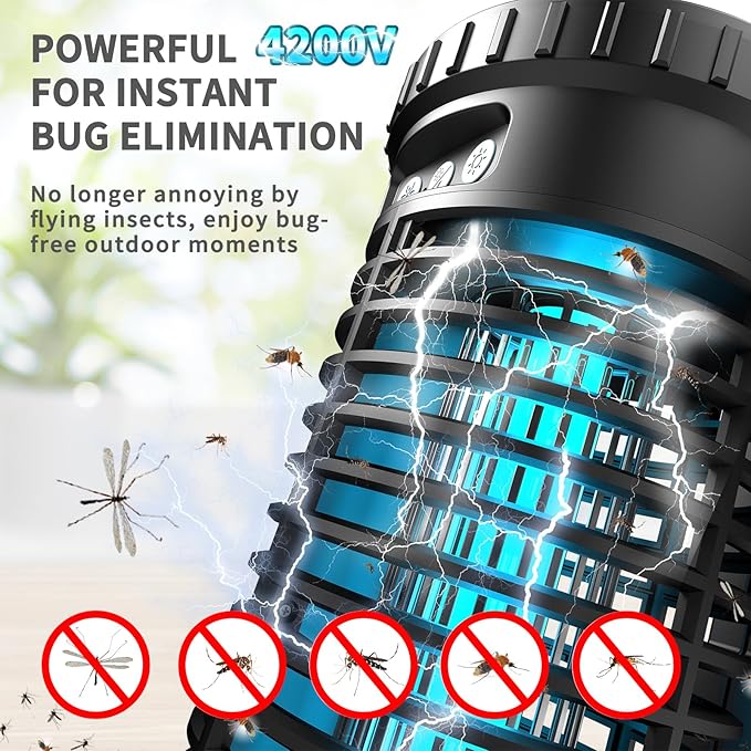 Solar Bug Zapper Indoor Outdoor, 4200V Portable Electric Mosquito Zappers Waterproof, Rechargeable Cordless Insect Fly Zapper with 4000mAh Battery, LED Light for Home, Patio, Backyard, Camping