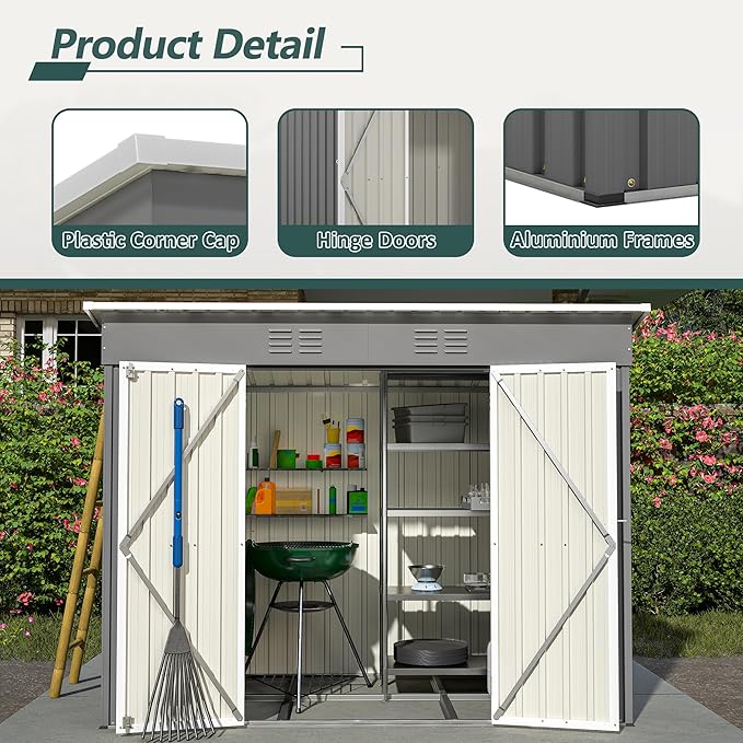 4x8 FT Lean to Outdoor Storage Shed with Floor,Metal Shed W/Lockable Door,All Weather Waterproof Garden Tool House W/ 2 Air Vents,for Backyard,Patio,Lawn,Garden,Gray