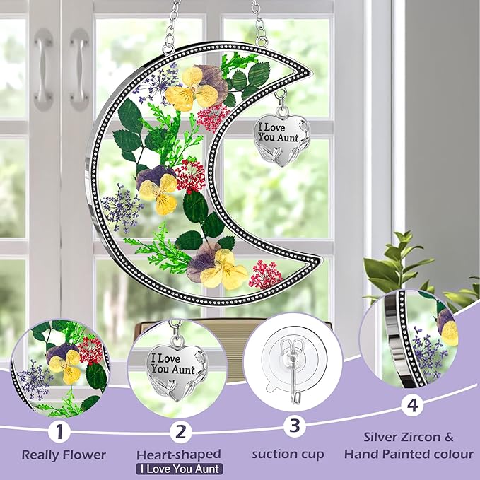 KY&BOSAM Moon Suncatcher I Love You Aunt Stained Glass for Window Hangings Wind Chimes Decor with Pressed Real Flower and Metal Charm Birthday Gift for Women Aunt Mother`s Day Christmas