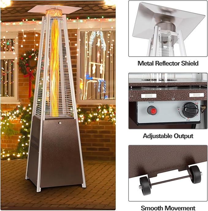 Hykolity Pyramid Patio Heater, 48000 BTU Glass Tube Propane Patio Heater with Wheels and Cover, Outdoor Propane Heaters for Patio, Backyard, Garden, Porch, and Pool, Bronze