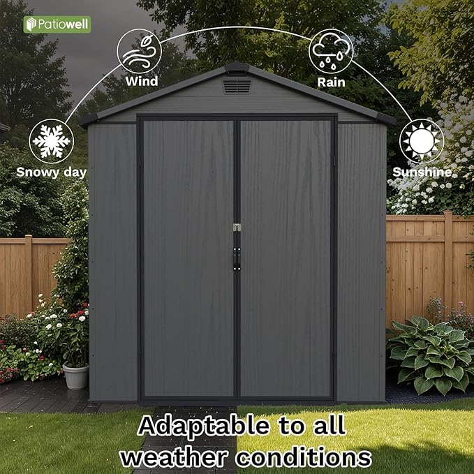 Patiowell 6 x 10 FT Outdoor Plastic Storage Shed with Floor - Lockable Resin Tool Shed, 2 Windows, Easy Assembly for Garden/Backyard (Dark Grey)